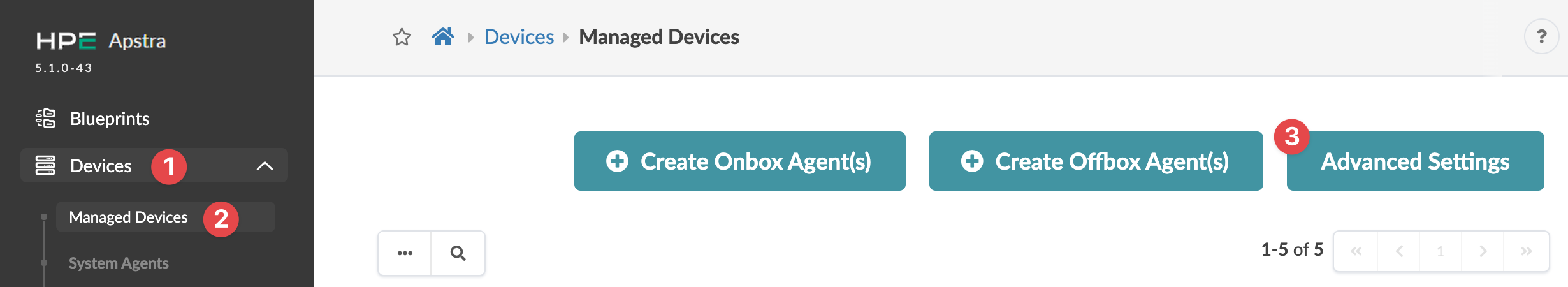 HPE Apstra interface displaying the Managed Devices section under Devices with options to create onbox or offbox agents and access advanced settings. Pagination and search available.