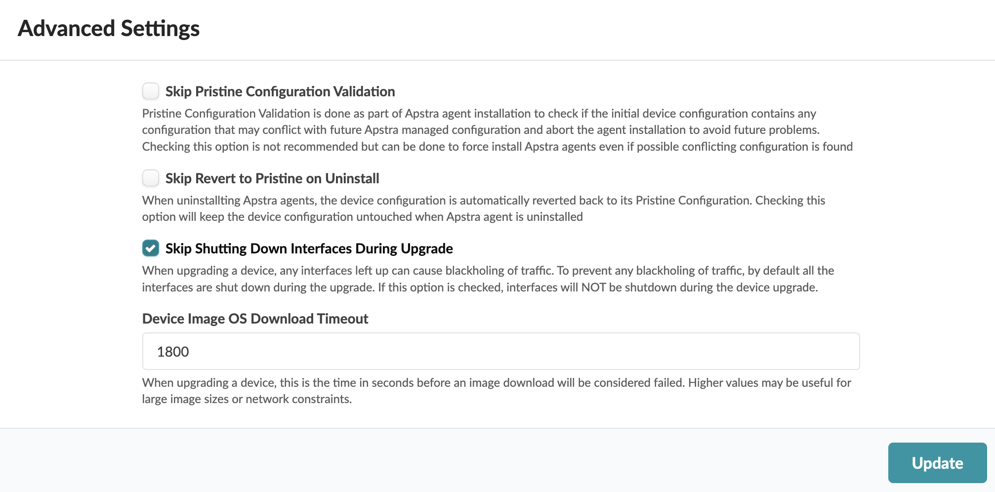 Advanced Settings interface for device management with options to skip pristine configuration validation, skip revert to pristine on uninstall, skip shutting down interfaces during upgrade (checked), and set device image OS download timeout (default 1800 seconds). Update button at bottom right.