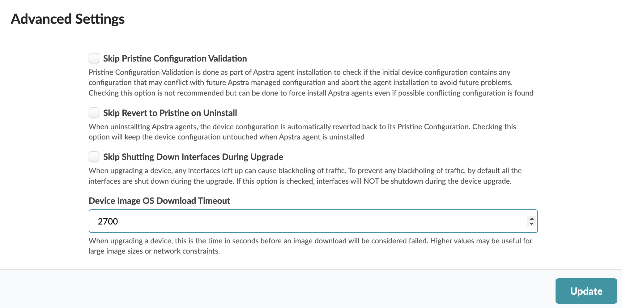 Advanced Settings configuration page with options to skip configuration validation, prevent revert to pristine state on uninstall, avoid interface shutdown during upgrades, and specify OS download timeout. Update button at the bottom to save changes.