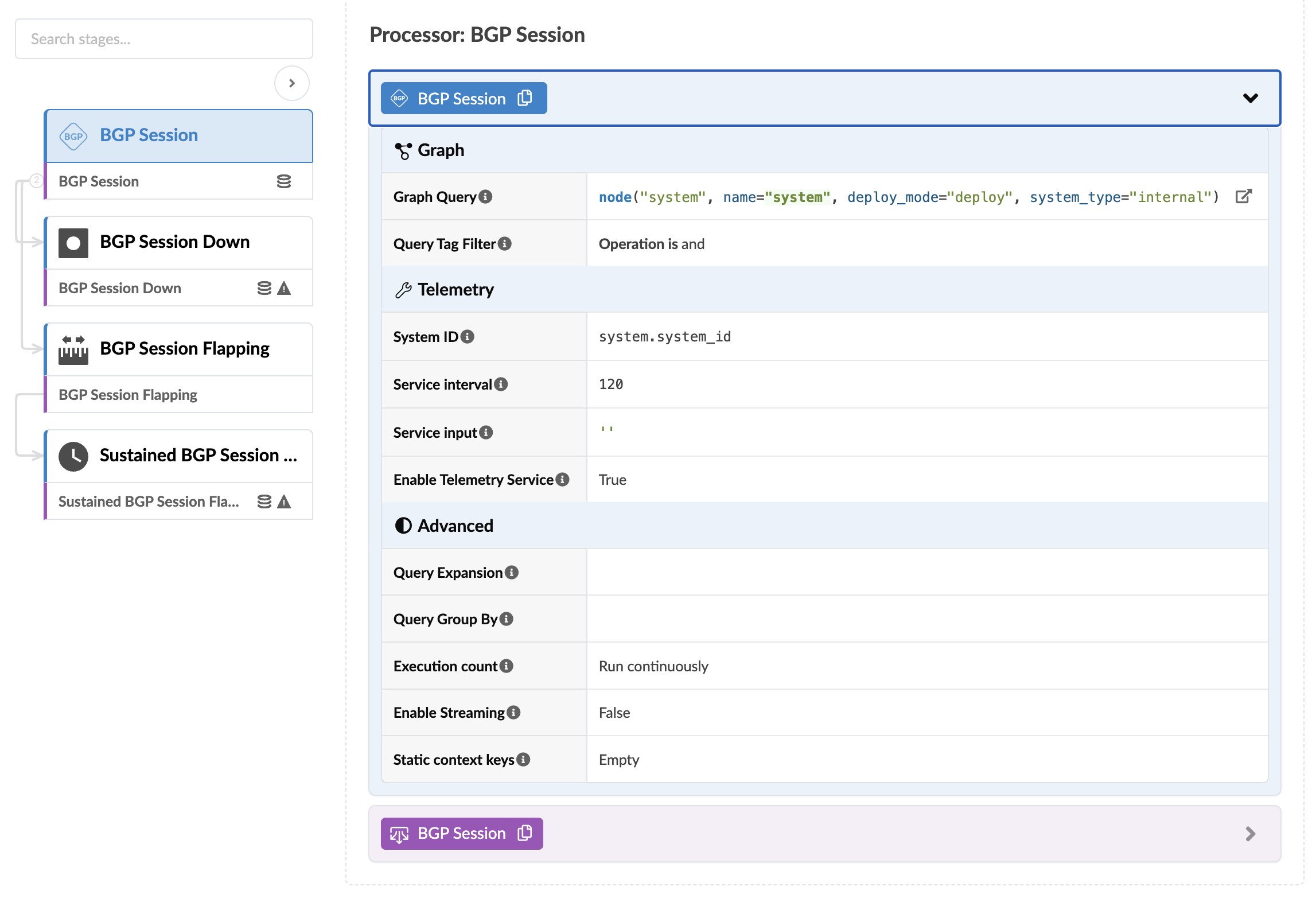 Configuration interface for BGP Session processor in a network monitoring system, showing stages and settings for BGP Session, including telemetry service enabled, 120-second collection interval, and continuous execution.