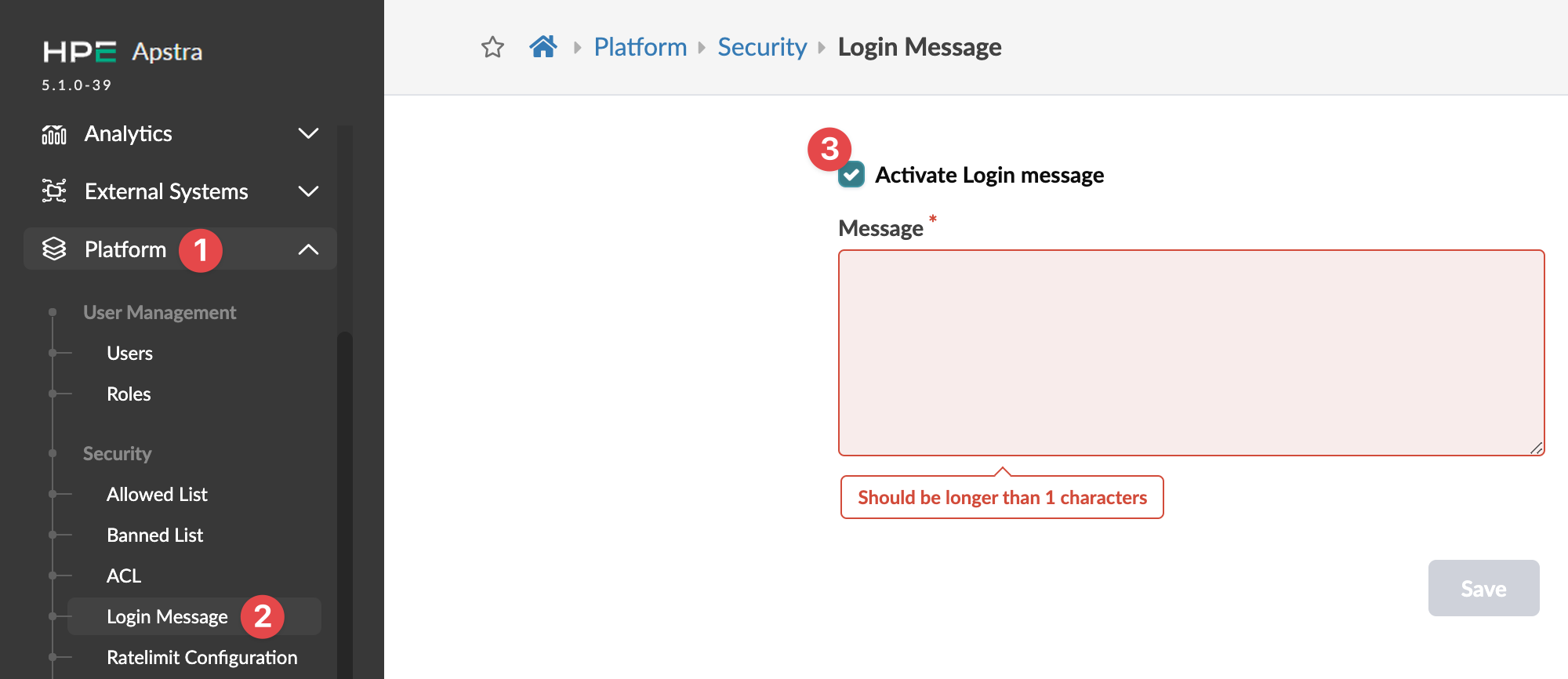 Configuring login message in HPE Apstra 5.1.0-39 under Platform menu; sidebar includes Analytics and Security. Message input field requires text, Save button disabled.