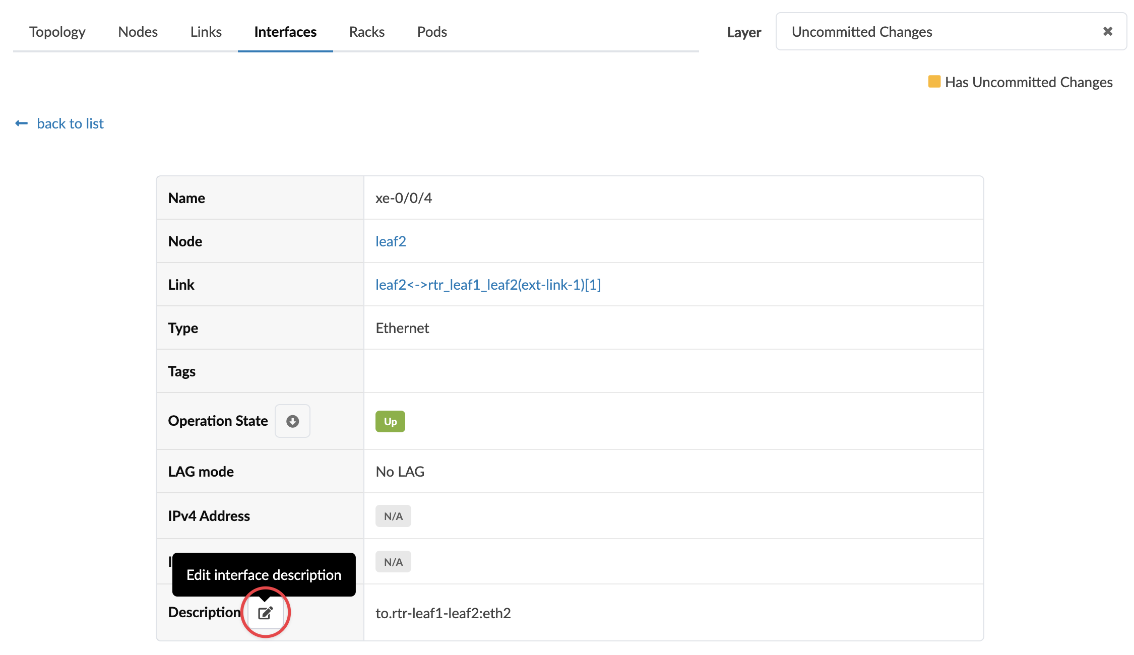 Network interface configuration page showing interface xe-0/0/4 on node leaf2 with link leaf2 to rtr_leaf1_leaf2 ext-link-1 1. Operation state is Up, type is Ethernet, LAG mode is No LAG, IPv4 and IPv6 addresses are N/A, and description is to.rtr-leaf1-leaf2:eth2. Option to edit interface description highlighted. Tabs include Topology, Nodes, Links, Interfaces, Racks, Pods, and layer set to Uncommitted Changes with uncommitted changes indicator.