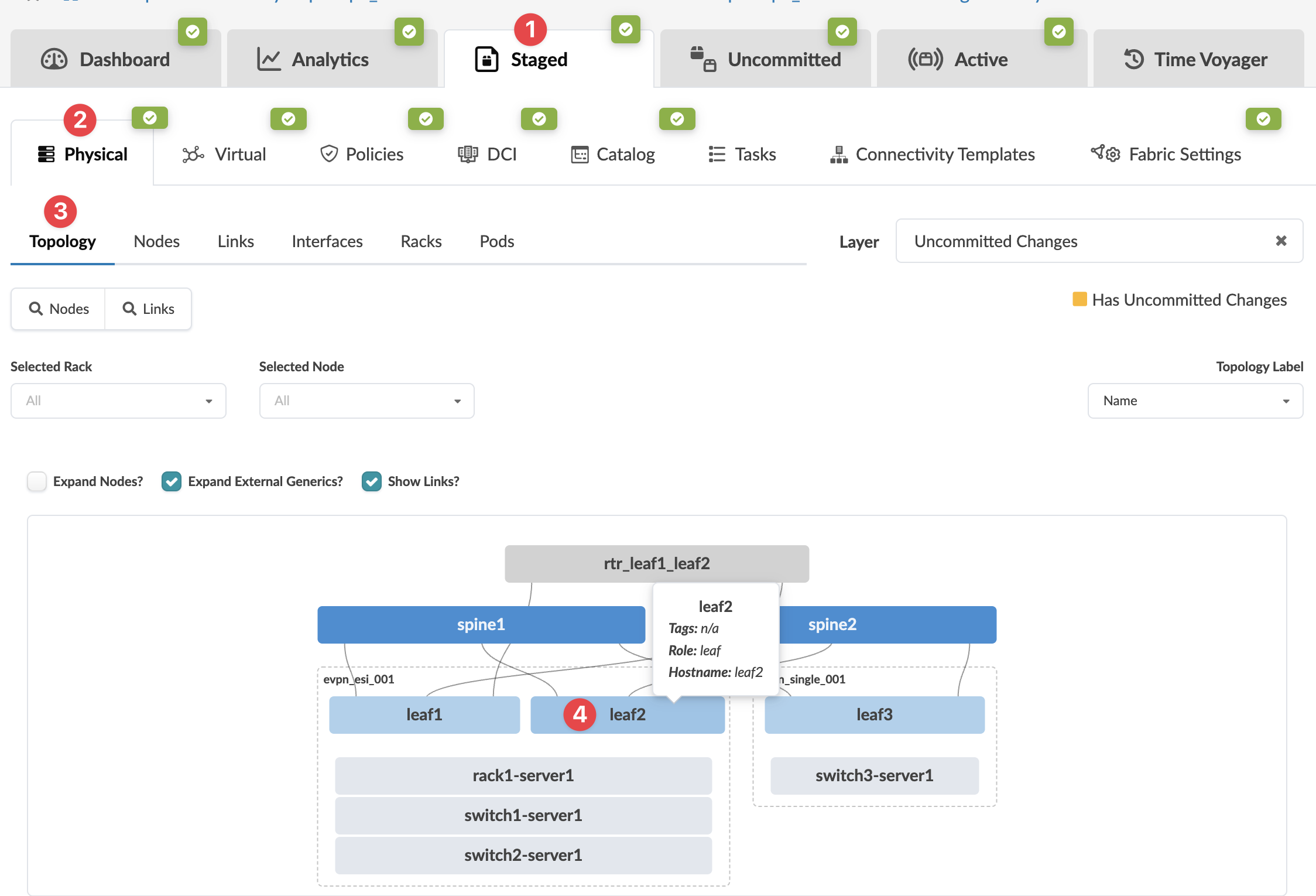Network management interface with tabs for Dashboard, Analytics, and more, showing a spine-leaf topology with highlighted node leaf2.