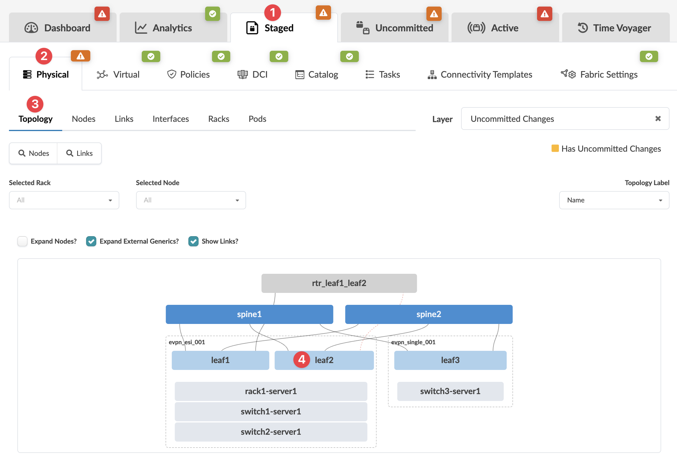 Network management interface showing tabs with status indicators, navigation menu, topology diagram of nodes like spine1 and leaf1, logical connections, filters, and uncommitted changes layer.