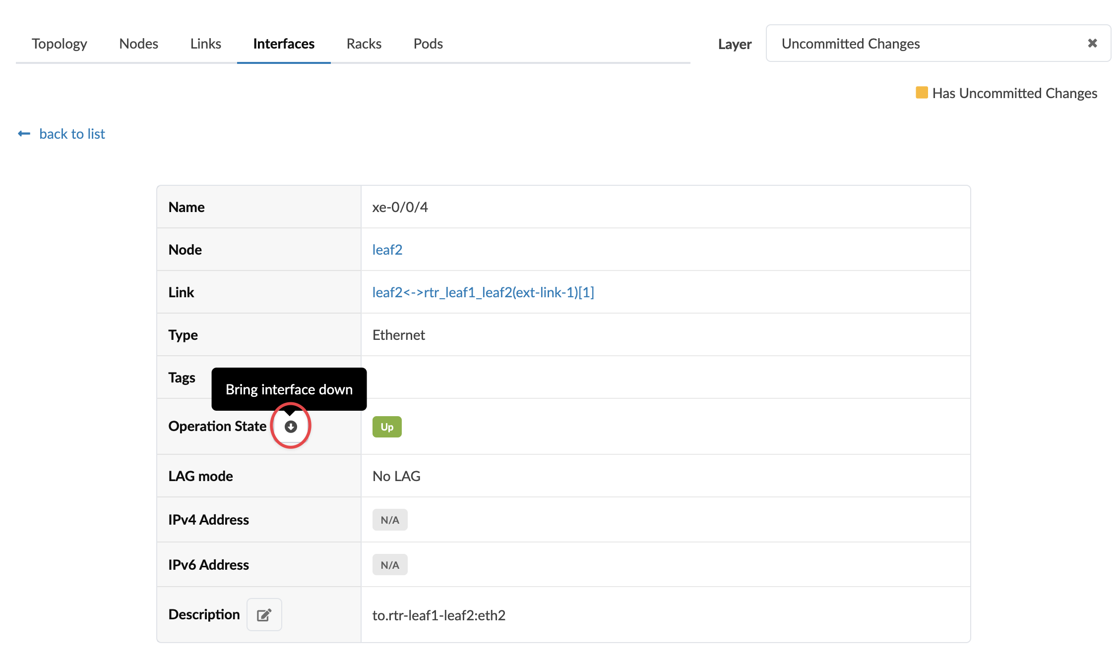 Screenshot of network management interface showing xe-0/0/4 on leaf2. Interface is Ethernet, Up, without LAG or IPs, linked to rtr_leaf1_leaf2.