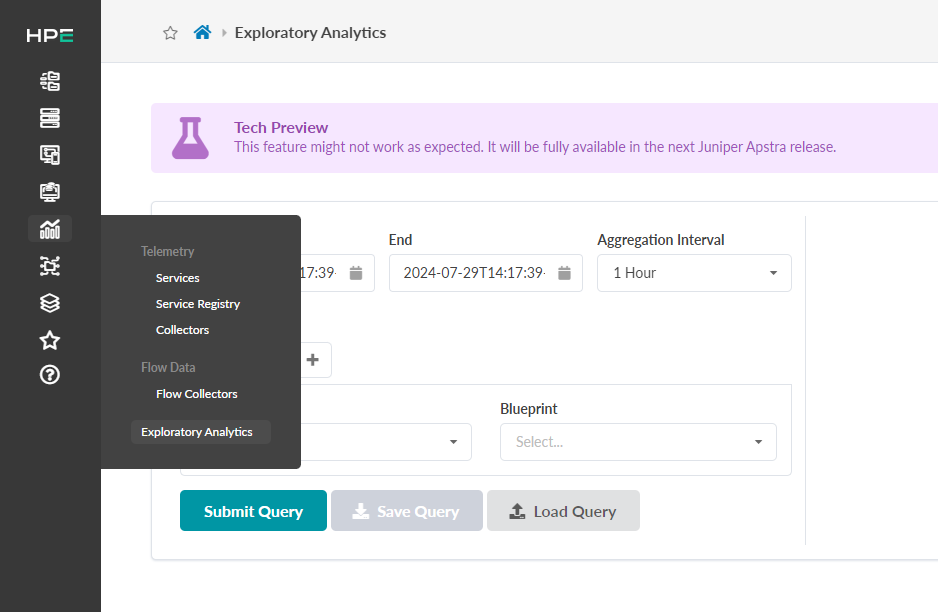 Exploratory Analytics interface of Juniper Apstra in Tech Preview with date selection, aggregation interval, blueprint selection, and action buttons.