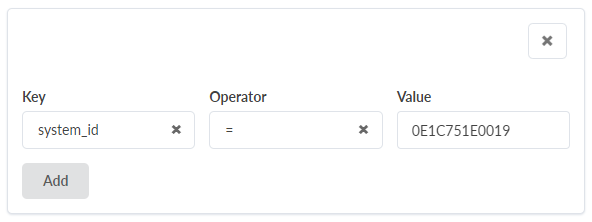 Filter interface with system_id as key, operator equals, and value 0E1C751E0019. Add button to include more filters.