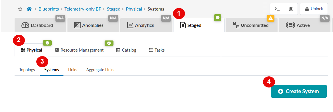 Breadcrumb trail shows navigation path: Blueprints > Telemetry-only BP > Staged > Physical > Systems. Staged tab and Physical section with Systems active. Teal Create System button visible.