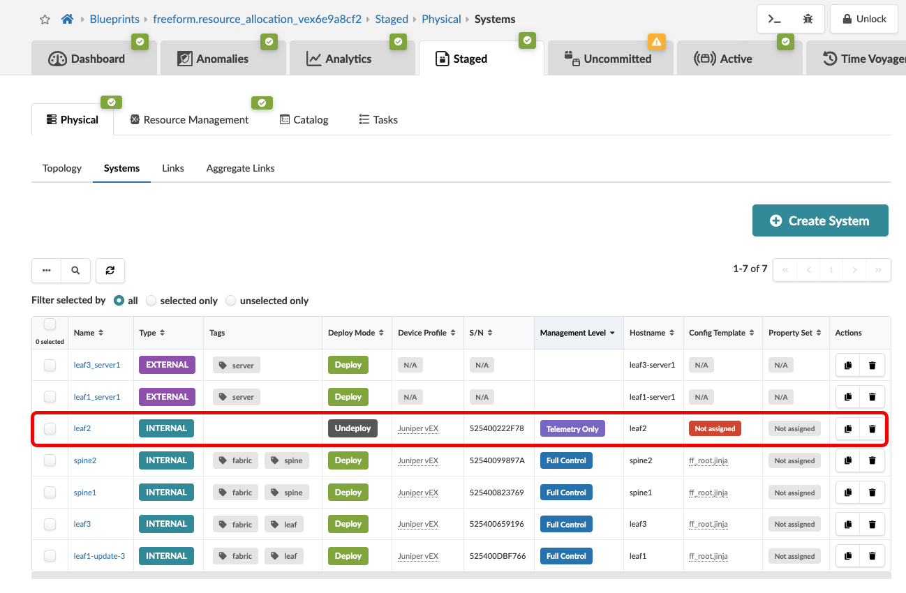 User interface for managing systems in a network with a table listing system details like name, type, tags, deployment mode, device profile, serial number, management level, hostname, config template, and actions. Tabs for navigation are visible at the top. A row for leaf2 is highlighted with a red border, showing internal type, telemetry only management level, and undeploy mode. Create System button is displayed for adding new systems.