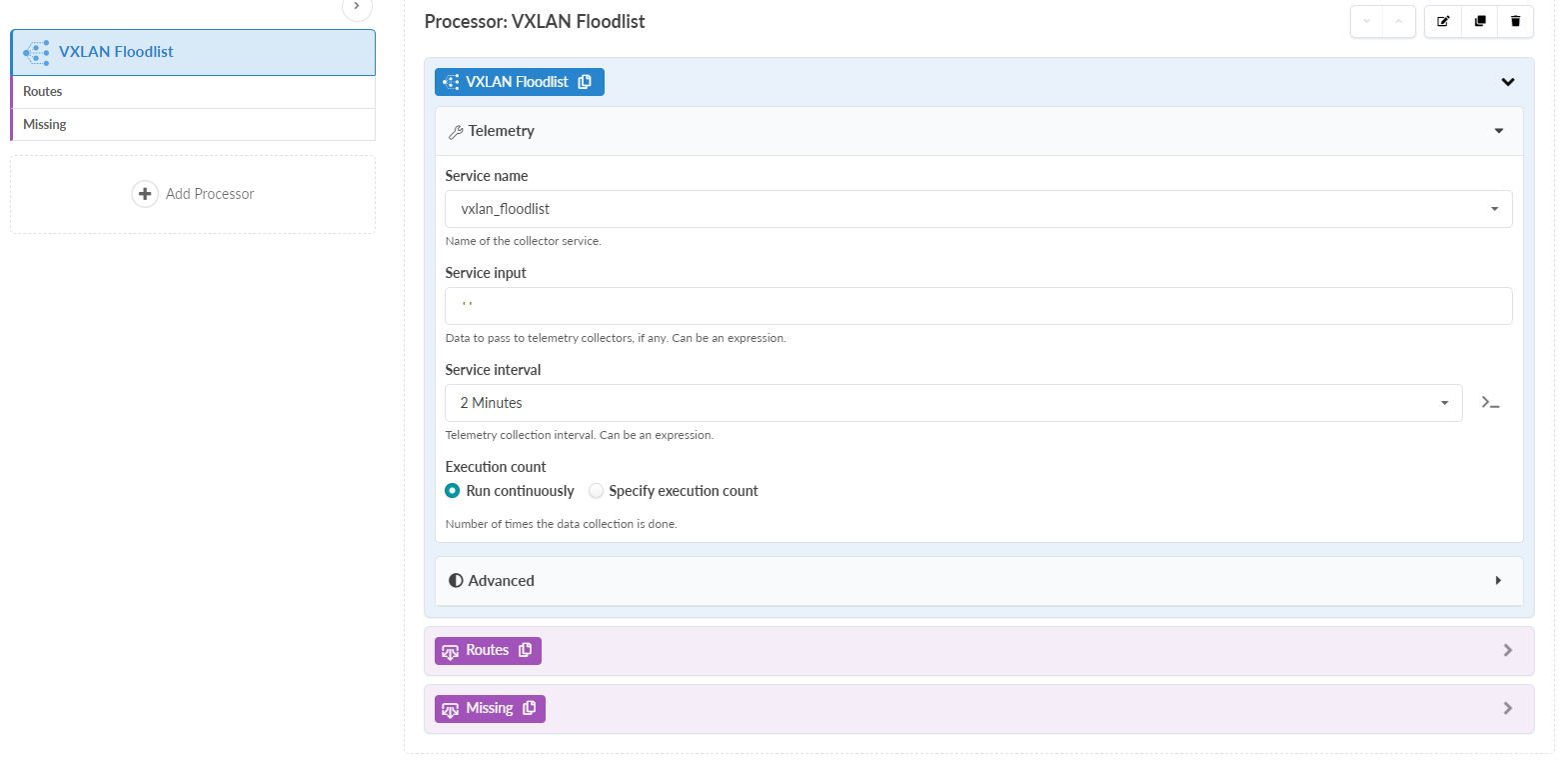 VXLAN Floodlist processor configuration interface showing telemetry settings with service name vxlan_floodlist, empty input, 2-minute interval, and continuous execution. Advanced, Routes, and Missing sections are collapsed. Top-right toolbar includes edit, duplicate, and delete options.