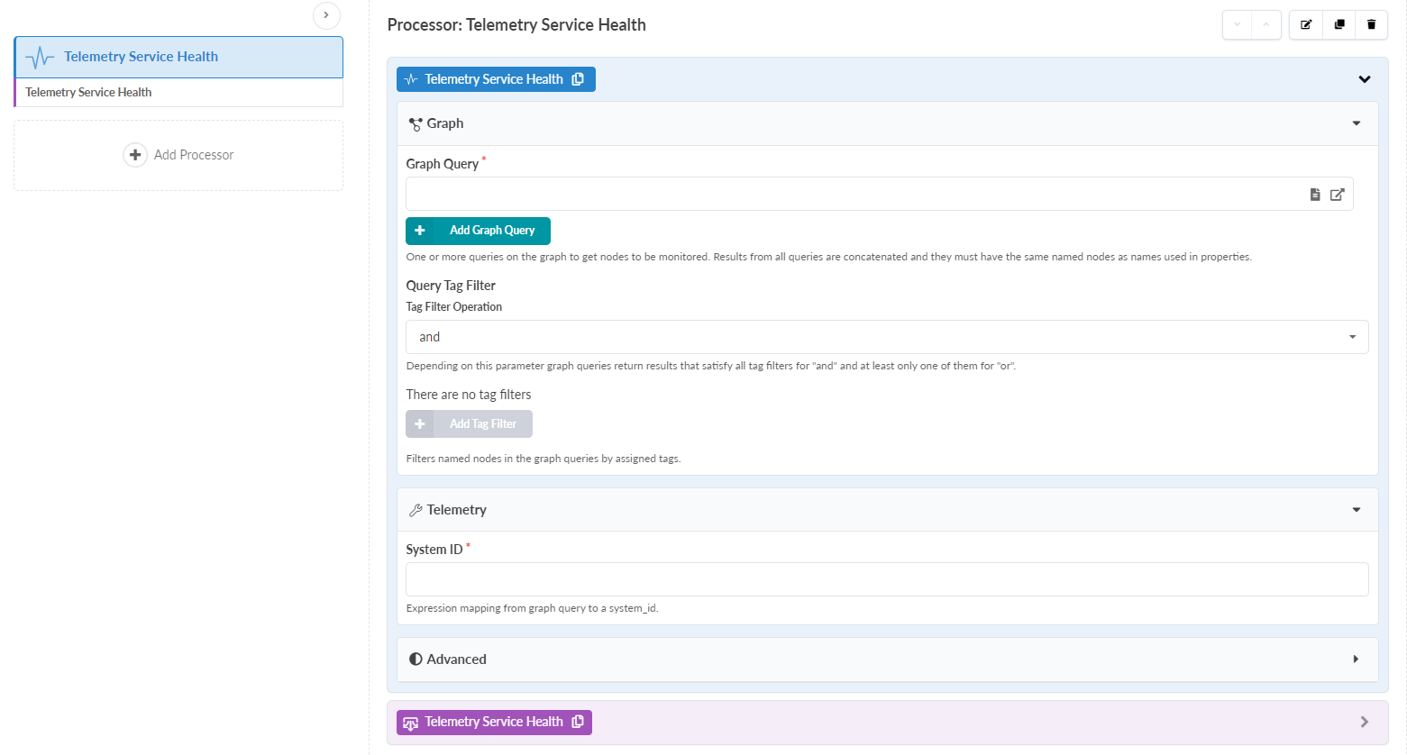 Telemetry Service Health processor configuration interface with sections for graph query setup, tag filters, telemetry details like System ID, and advanced options for monitoring data.