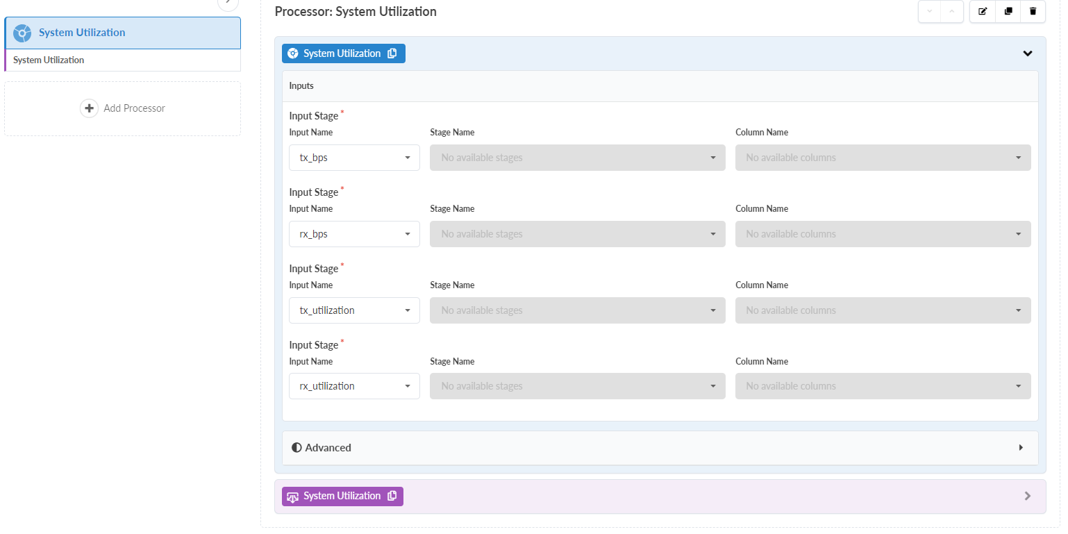 Configuration interface for System Utilization processor with inputs for tx_bps, rx_bps, tx_utilization, rx_utilization, advanced settings, and an Add Processor button.