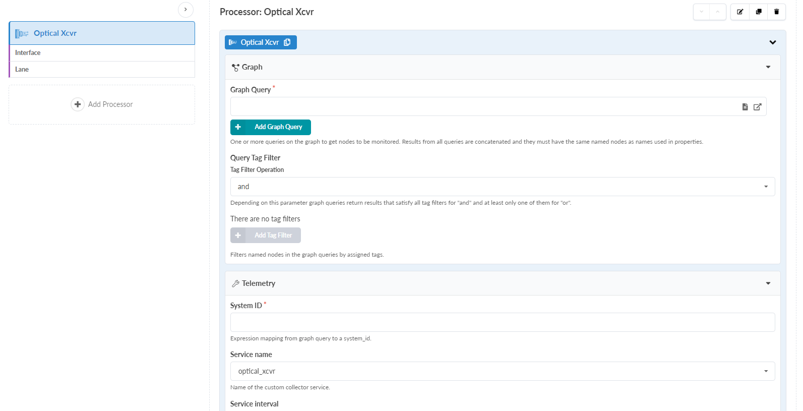 Configuration interface for monitoring optical transceivers with sections for processor management, graph queries, and telemetry settings.