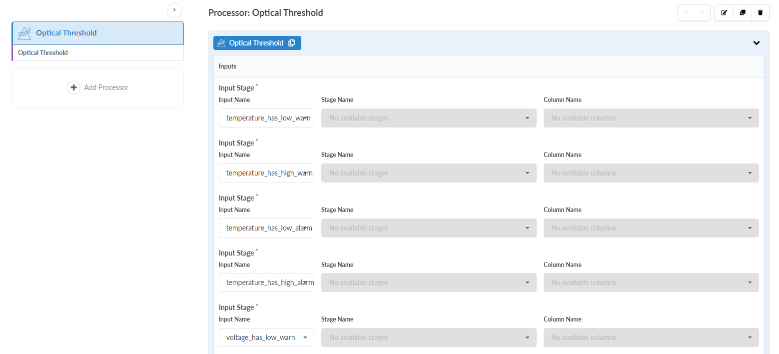 User interface for configuring Optical Threshold processor with input stages for temperature and voltage warnings and alarms. Fields for Stage Name and Column Name show no available options.