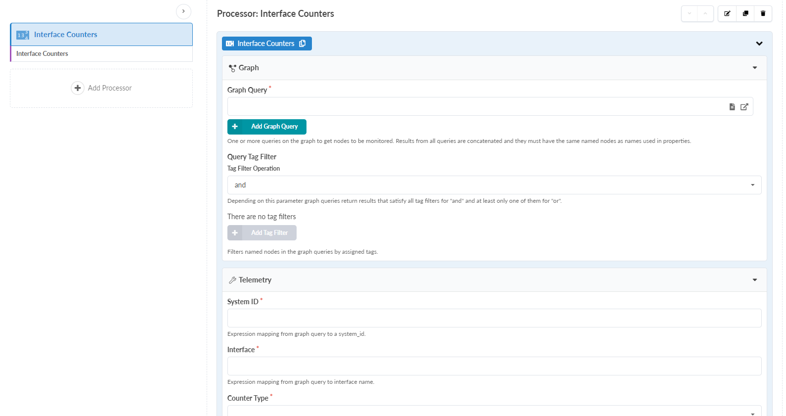 User interface for configuring the Interface Counters processor with sections for graph query input, telemetry parameters, and action buttons for saving or editing configuration.