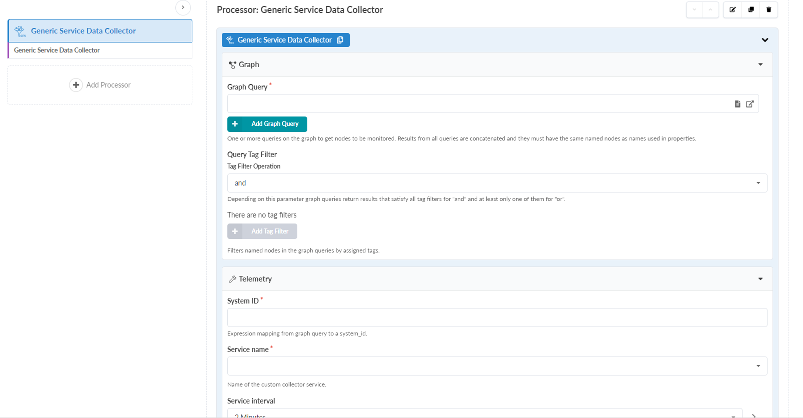 Configuration interface for Generic Service Data Collector processor, showing fields for graph query, tag filters, system ID, and service name with an interval of 2 minutes.