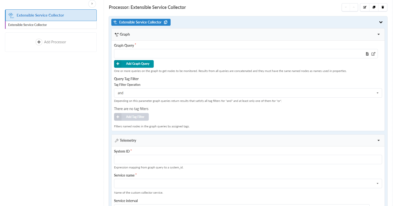 Extensible Service Collector configuration interface with fields for graph query, tag filter operation, system ID, service name, service interval, and buttons to save, edit, or delete.