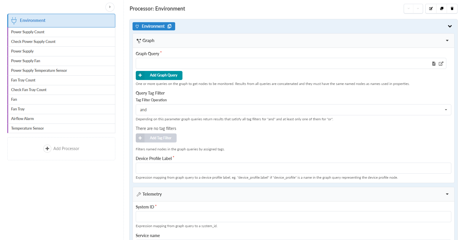 User interface for configuring the Environment processor, with options to add subcategories like power supply and fan metrics. Includes graph query setup, telemetry fields, device profile label mapping, and buttons for saving configurations.