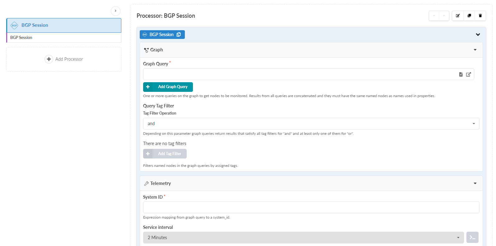 Configuration interface for BGP Session processor in a network tool, showing fields for graph query, tag filters, system ID, service interval, and action buttons for save, edit, or delete.