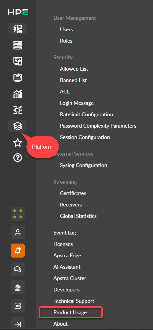 User interface menu from HPE platform showing categories like User Management with options Users and Roles, Security with options Allowed List, Banned List, ACL, Login Message, Ratelimit Configuration, Password Complexity Parameters, and Session Configuration, External Services with Syslog Configuration, Streaming with Certificates, Receivers, and Global Statistics, and other options like Event Log, Licenses, Apstra Edge, AI Assistant, Apstra Cluster, Developers, Technical Support, Product Usage, and About. Left sidebar has navigation icons. Platform section is highlighted with red label, Product Usage option has red border.