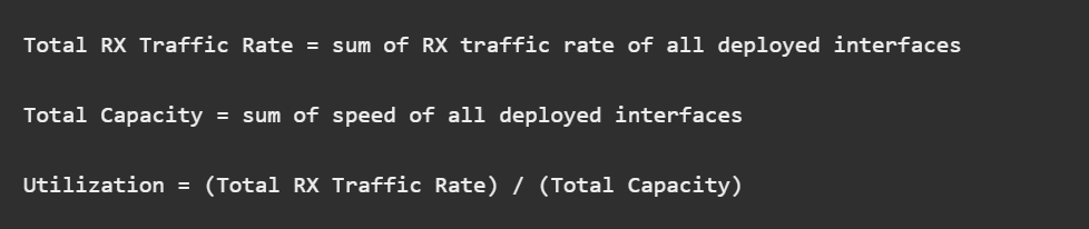Formulas for network traffic and capacity: Total RX Traffic Rate is the sum of RX traffic rates of all interfaces. Total Capacity is the sum of speeds of all interfaces. Utilization is the ratio of Total RX Traffic Rate to Total Capacity.