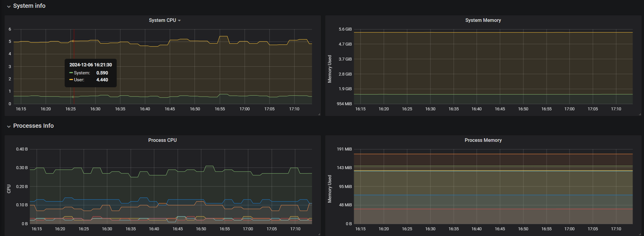 System monitoring dashboard showing CPU and memory usage over time with panels for system and process metrics.