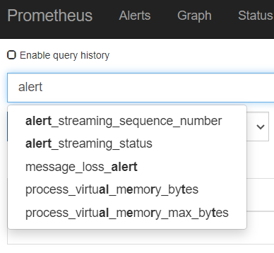 Prometheus web interface with query input "alert" and dropdown suggestions like alert_streaming_status. Tabs: Alerts, Graph, Status.