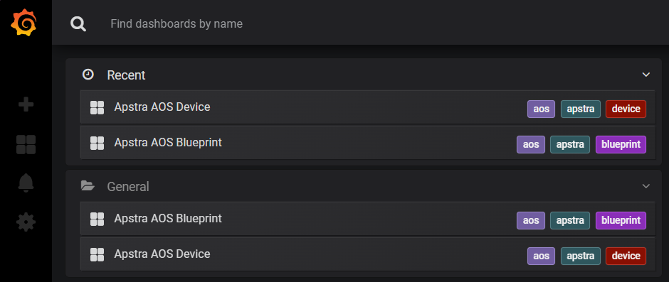 Dashboard interface with a search bar labeled Find dashboards by name at the top. Below are sections Recent and General with items like Apstra AOS Device and Apstra AOS Blueprint tagged with aos, apstra, device, and blueprint. Navigation icons are on the left.