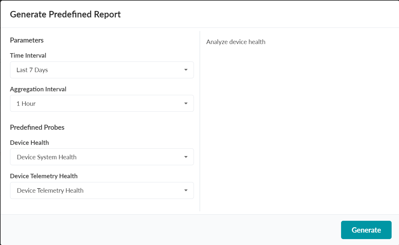 User interface for generating predefined reports with dropdown menus for time interval, aggregation interval, device health, and telemetry health. Includes instruction for analyzing device health and a teal Generate button for report creation.