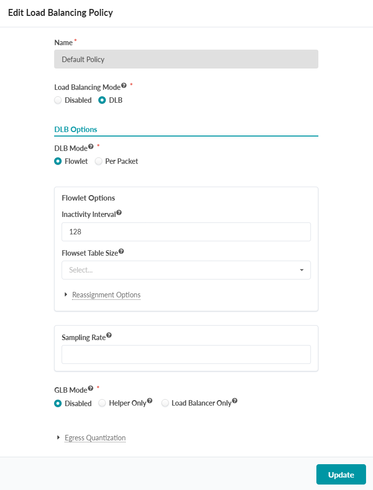 Load Balancing Policy interface with fields for Name, Load Balancing Mode, DLB Options, GLB Mode, Egress Quantization, and an Update button.
