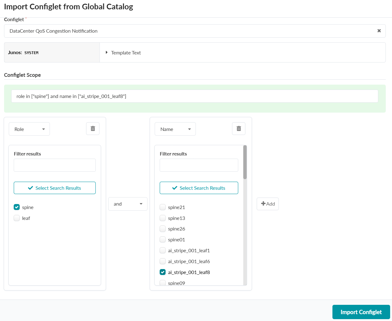 Import interface for DataCenter QoS Congestion Notification Configlet with filters: role is spine, name is ai_stripe_001_leaf8.