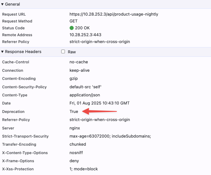 HTTP response details with request URL https://10.28.252.3/api/product-usage-nightly, method GET, status 200 OK, and highlighted Deprecation header set to True.