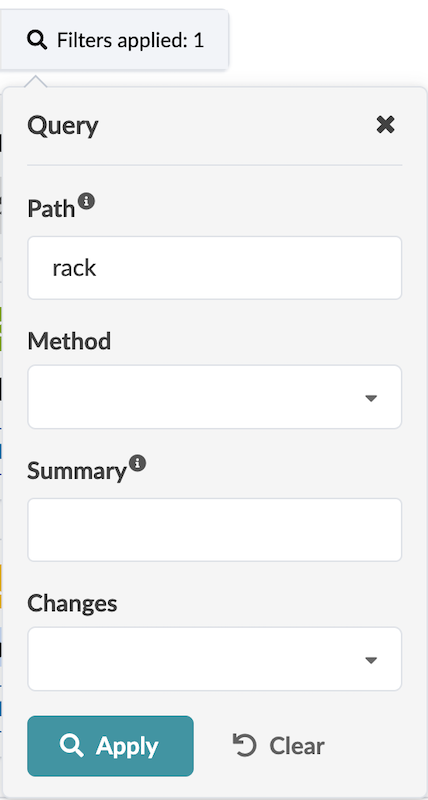 Query filter interface with fields for Path set to rack, Method unselected, Summary empty, Changes unselected, and buttons Apply and Clear. One filter applied.