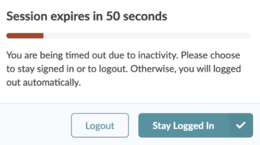 Session timeout warning: 50 seconds remaining. Options: Logout or Stay Logged In. Progress bar shows time left.