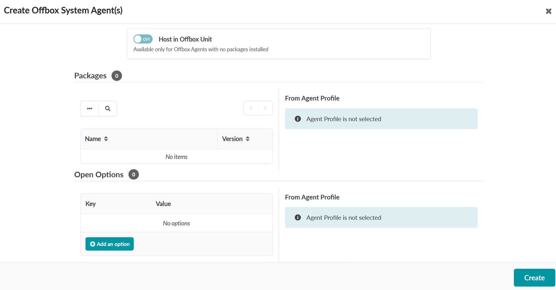 User interface for creating Offbox System Agents with sections for toggling Host in Offbox Unit, managing Packages, adding Open Options, selecting Agent Profile, and a Create button.