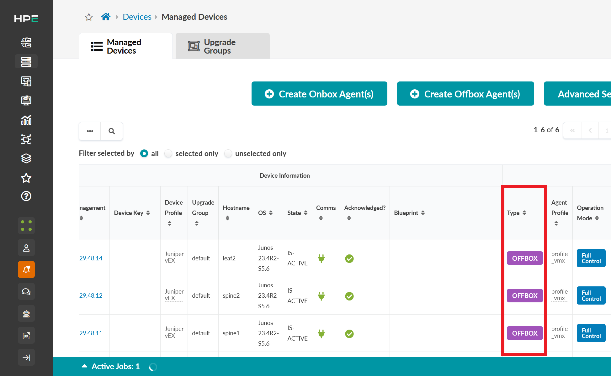 Web-based management interface for HPE showing tabs for Managed Devices and Upgrade Groups, buttons for creating agents, a device info table with highlighted OFFBOX type, sidebar for navigation, and footer indicating Active Jobs: 1.
