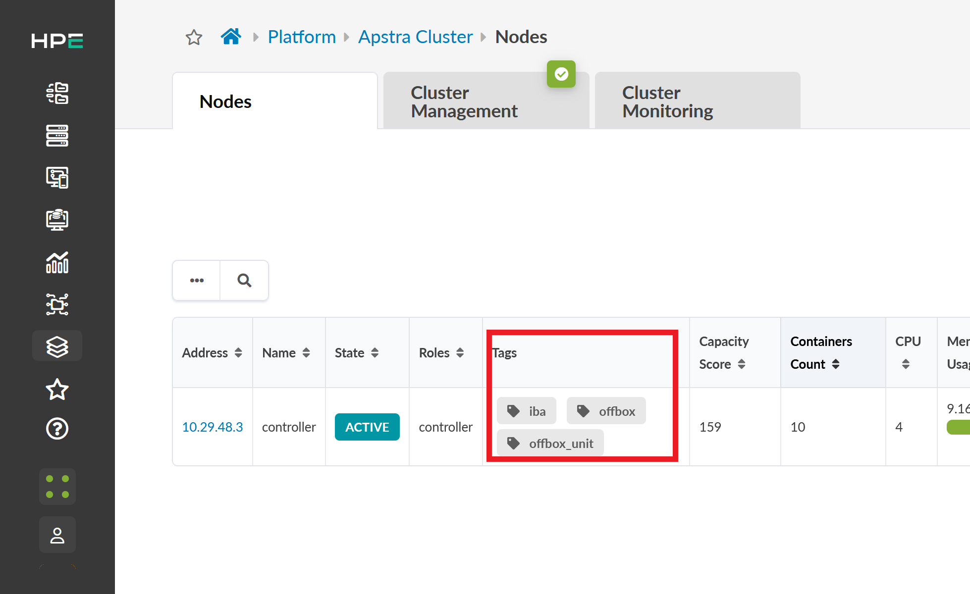 Apstra Cluster section displaying node details including IP address 10.29.48.3, name controller, state ACTIVE, roles controller, tags iba offbox offbox_unit, capacity score 159, containers count 10, CPU 4, and memory usage 9.16. Tags section highlighted with red box.