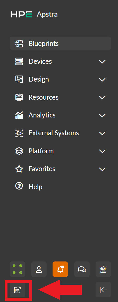 HPE Apstra user interface with a left navigation menu showing options including Blueprints, Devices, Design, Resources, Analytics, External Systems, Platform, Favorites, Help, and a red arrow highlighting the DCA icon at the bottom.