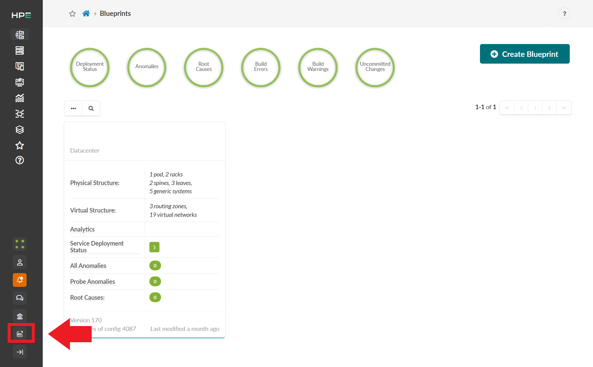 User interface of an HPE application showing a sidebar with navigation icons, a section labeled Blueprints with options like Deployment Status and Build Errors, and a Create Blueprint button. An arrow highlights a sidebar icon.