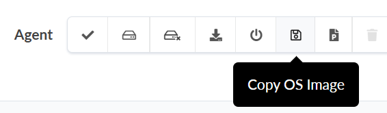 Toolbar with icons for actions such as selection, saving, new drive, download, power, copying OS image, file management, and deletion. Highlighted icon: Copy OS Image.