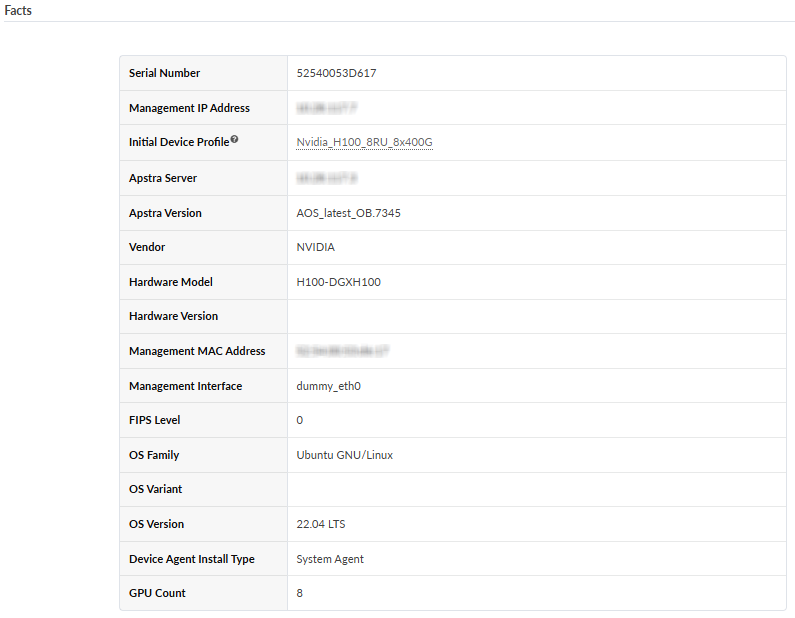 System information table displaying device details including serial number, management IP, Nvidia H100 profile, Apstra server and version, vendor NVIDIA, hardware model H100-DGXH100, Ubuntu OS version 22.04 LTS, and GPU count 8.