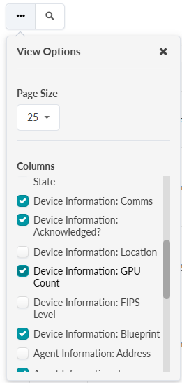 View Options menu with Page Size dropdown set to 25, checkboxes for selecting columns including Device Information Comms, Acknowledged, GPU Count, and Blueprint checked, others like Location and FIPS Level unchecked, and close button in top-right corner.