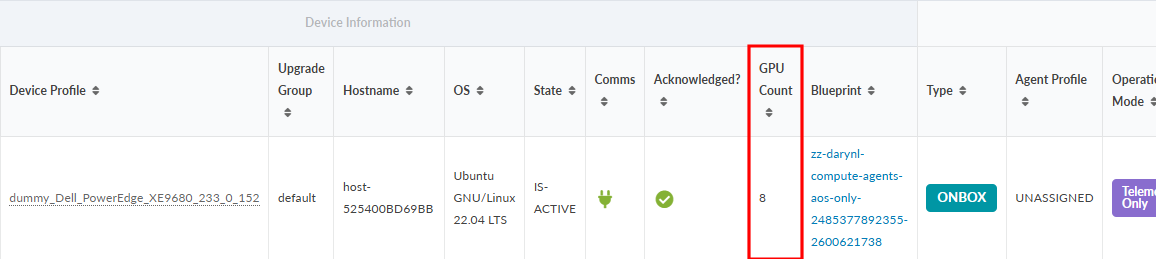 Table showing device information with GPU Count column highlighted in red, indicating 8 GPUs. Operational Mode is Telemetry Only, and OS is Ubuntu GNU/Linux 22.04 LTS.