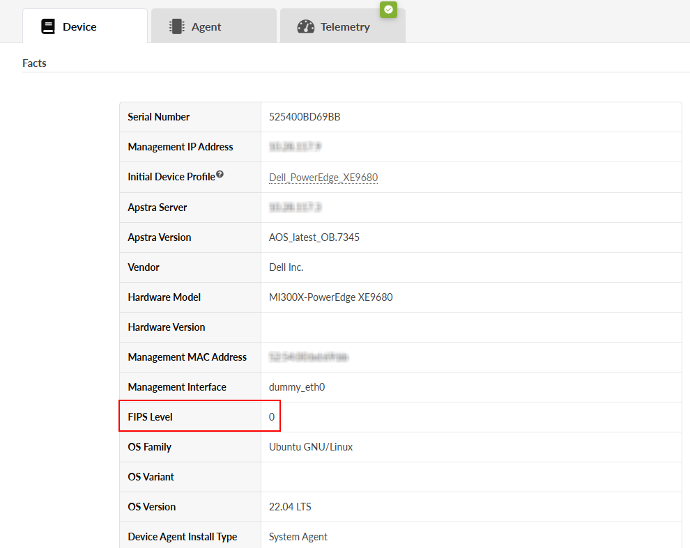 Device information page displaying key details including serial number 525400BD69BB, initial device profile Dell_PowerEdge_XE9680, vendor Dell Inc., hardware model MI300X-PowerEdge XE9680, FIPS Level 0 highlighted in red, OS Ubuntu GNU/Linux 22.04 LTS, and device agent install type System Agent.