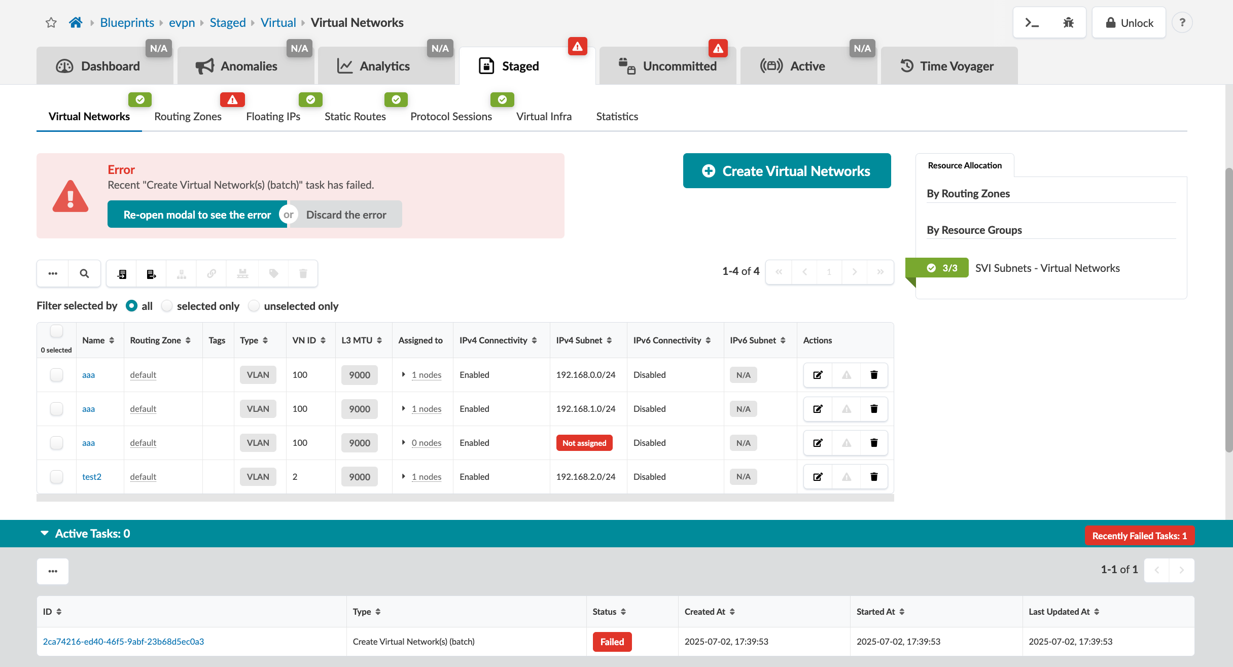 User interface for managing virtual networks with tabs for Virtual Networks, Routing Zones, and more. Error message for failed Create Virtual Network batch task, options to view error or discard. Table lists virtual networks with details like Name, Routing Zone, and IPv4 Subnet. Action buttons for editing and deleting networks. Create Virtual Networks button available. Active Tasks section shows a failed task.