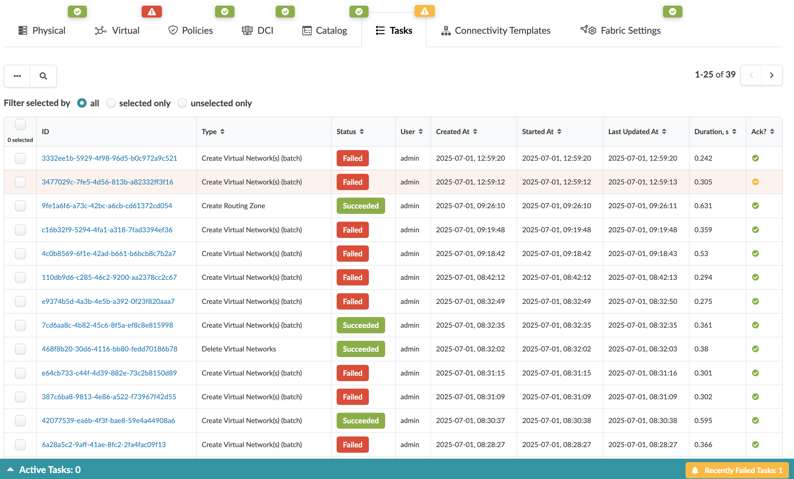 Task management dashboard showing a table with columns for ID, Type, Status, User, Created At, Started At, Last Updated At, Duration in seconds, and Ack status. Top menu includes navigation options like Physical, Virtual, Policies, and Tasks. Summary bar at the bottom shows Active Tasks 0 and Recently Failed Tasks 1.