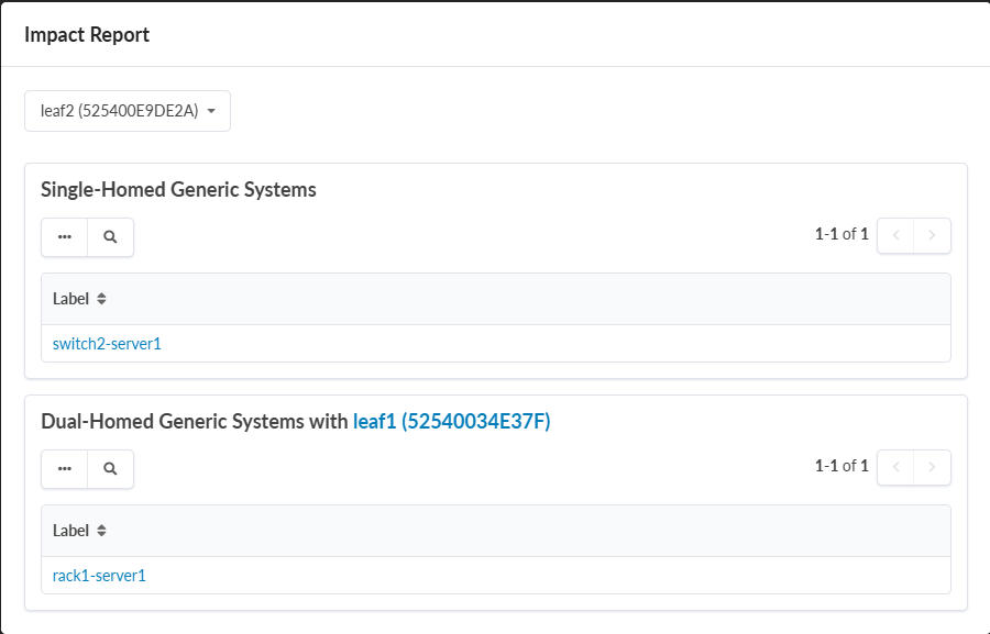 Impact Report interface with dropdown menu labeled leaf2 525400E9DE2A, sections for single-homed generic systems listing switch2-server1, dual-homed generic systems with leaf1 52540034E37F listing rack1-server1, navigation arrows, three-dot menu, and search icon.