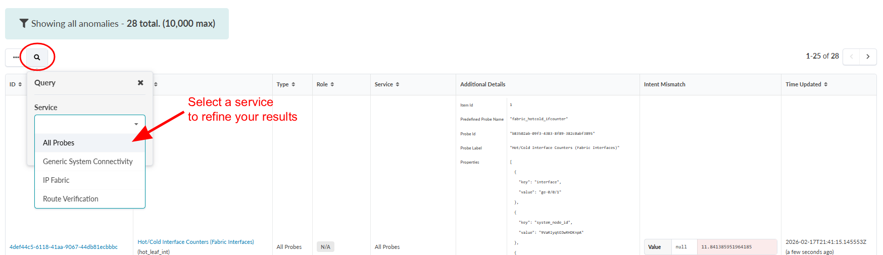 User interface for monitoring anomalies with filter options, anomalies list, highlighted section for refining results by service, details panel, and pagination for navigating 28 entries.
