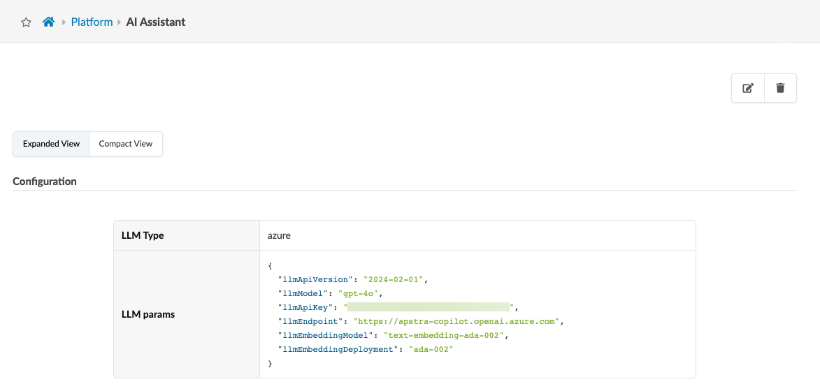 Configuration screen for AI Assistant showing LLM settings: LLM Type Azure, API version 2024-02-01, Model gpt-4o, Endpoint URL, Embedding Model text-embedding-ada-002, Deployment ada-002; options to expand, compact, edit, or delete.