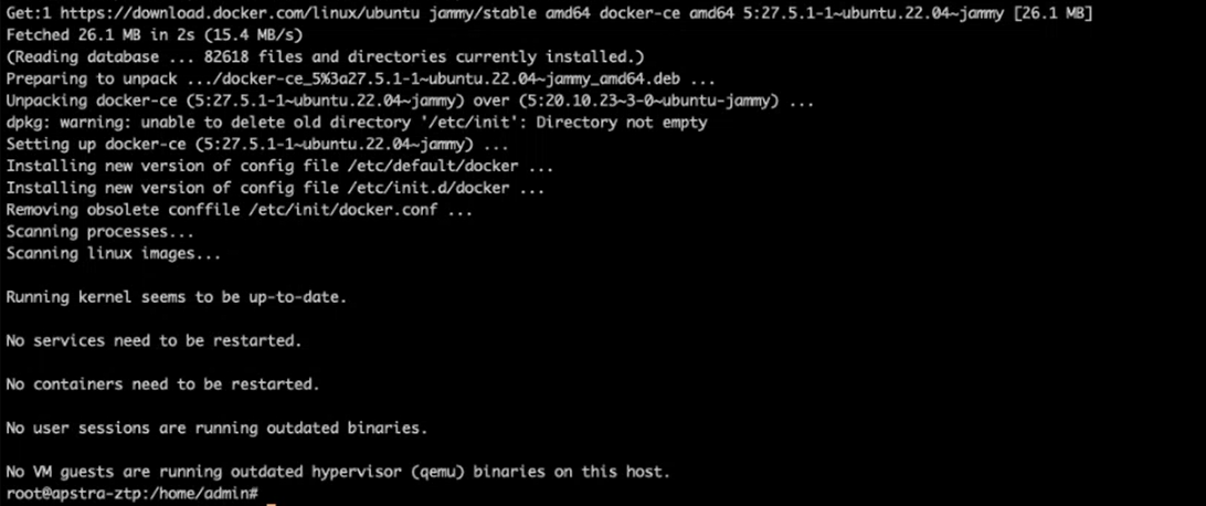Terminal showing Docker installation on Ubuntu 22.04 with package setup, warnings, kernel confirmation, and process completion at shell prompt.
